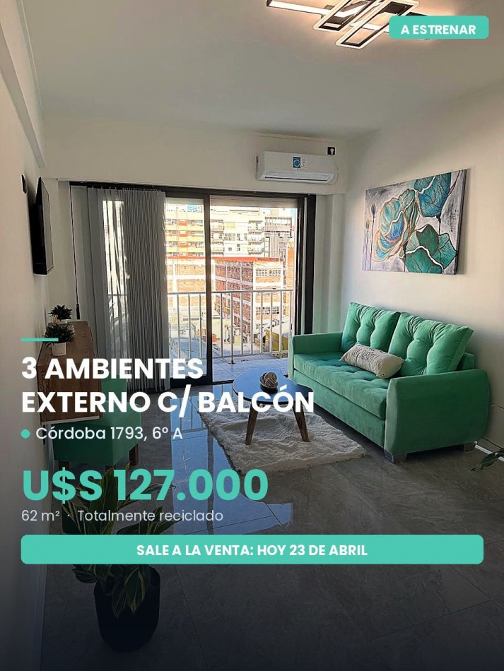 Departamento tres ambientes a la calle con balcon corrido. Reciclado y amoblado.
